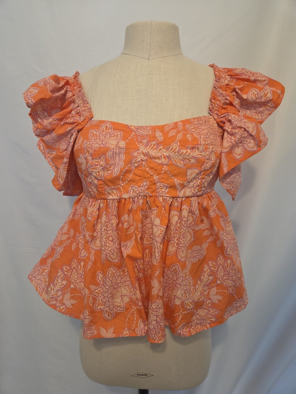 Olivaceous Pink And Orange Floral Blouse Ruffle Sleeves